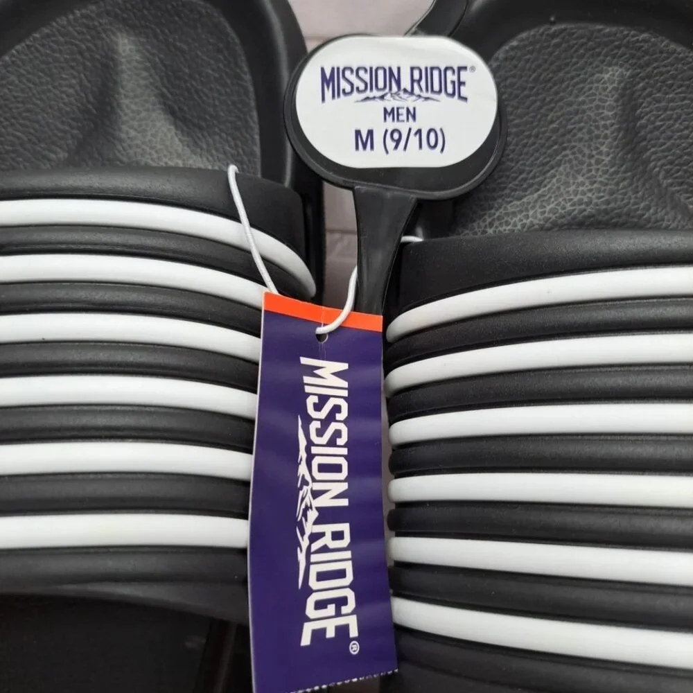 Mission Ridge Mens Slides Black White Ribbed Strap Sandals Shoes Size 9/10